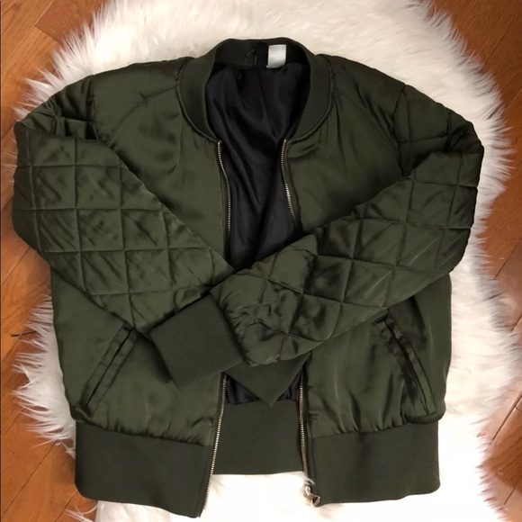 Olive Green Quilted Bomber Jacket 